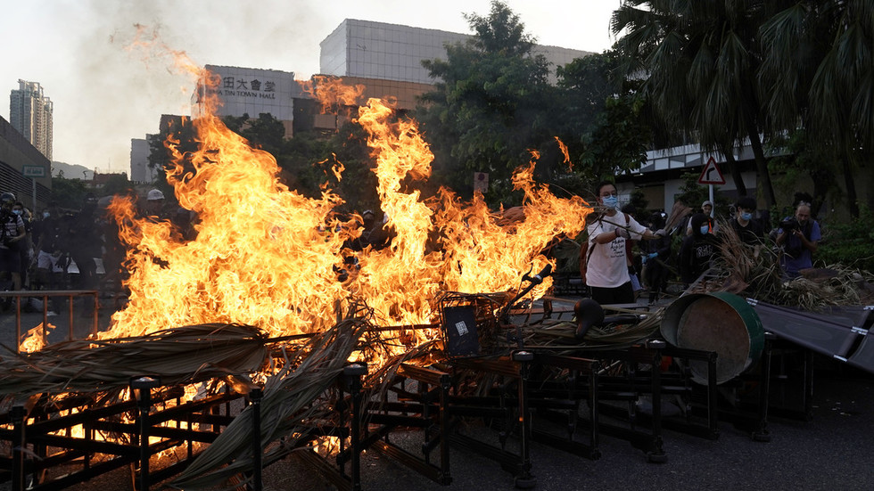 A barricade on fire is pictured during a demonstration by anti-government protesters in Sha Tin, Hong Kong, China REUTERS