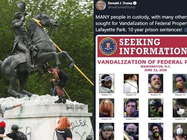 ‘10-year prison sentences!’ Trump posts WANTED POSTER of statue-targeting vandals – to crickets from Twitter