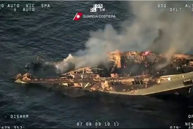 WATCH: Blazing 150ft superyacht sinks off the coast of Sardinia as 8 Kazakh nationals rescued