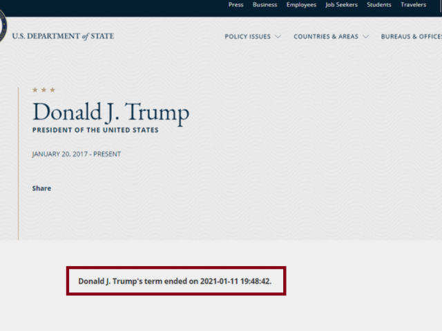 Donald Trump OUT OF OFFICE… according to mysterious State Department webpage