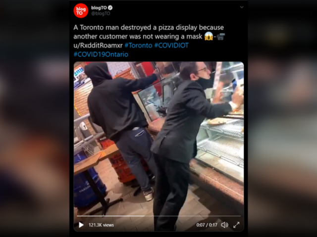 Toronto man has meltdown, destroys glass display after confronting maskless pizza shop customer (VIDEO)
