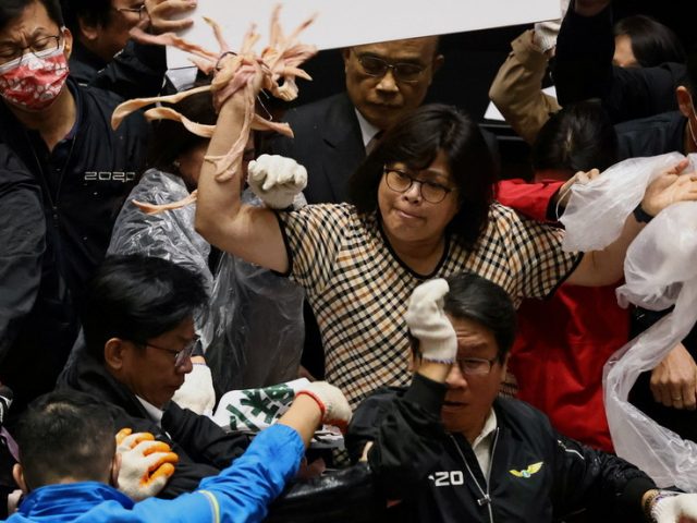 Taiwan lawmakers throw PIG GUTS during parliament session to protest meat imports from US (PHOTOS, VIDEO)