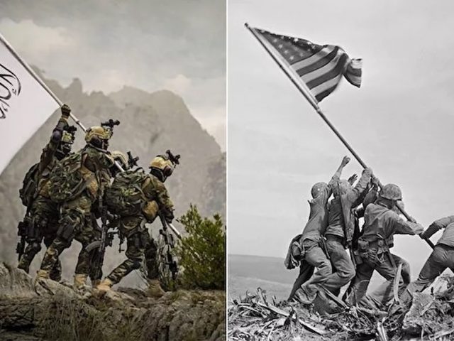 Taliban Fighters With US Weapons and American Gear Pose for Iwo Jima Flag Raising-Style Photoshoot