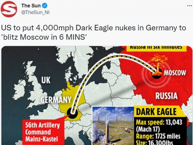 UK tabloid cheers US hypersonic nukes in Germany, shows mushroom cloud over Moscow