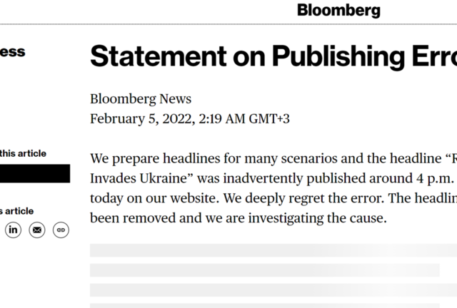 Bloomberg announces ‘Russia invades Ukraine’